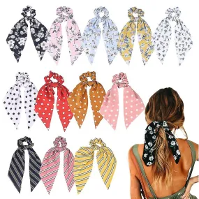 12 Pcs Hair Scarf Hair Scrunchies Chiffon Floral Scrunchie Hair Bands Ponytail Holder Scrunchy Ties 2 In 1 Vintage Accessories F