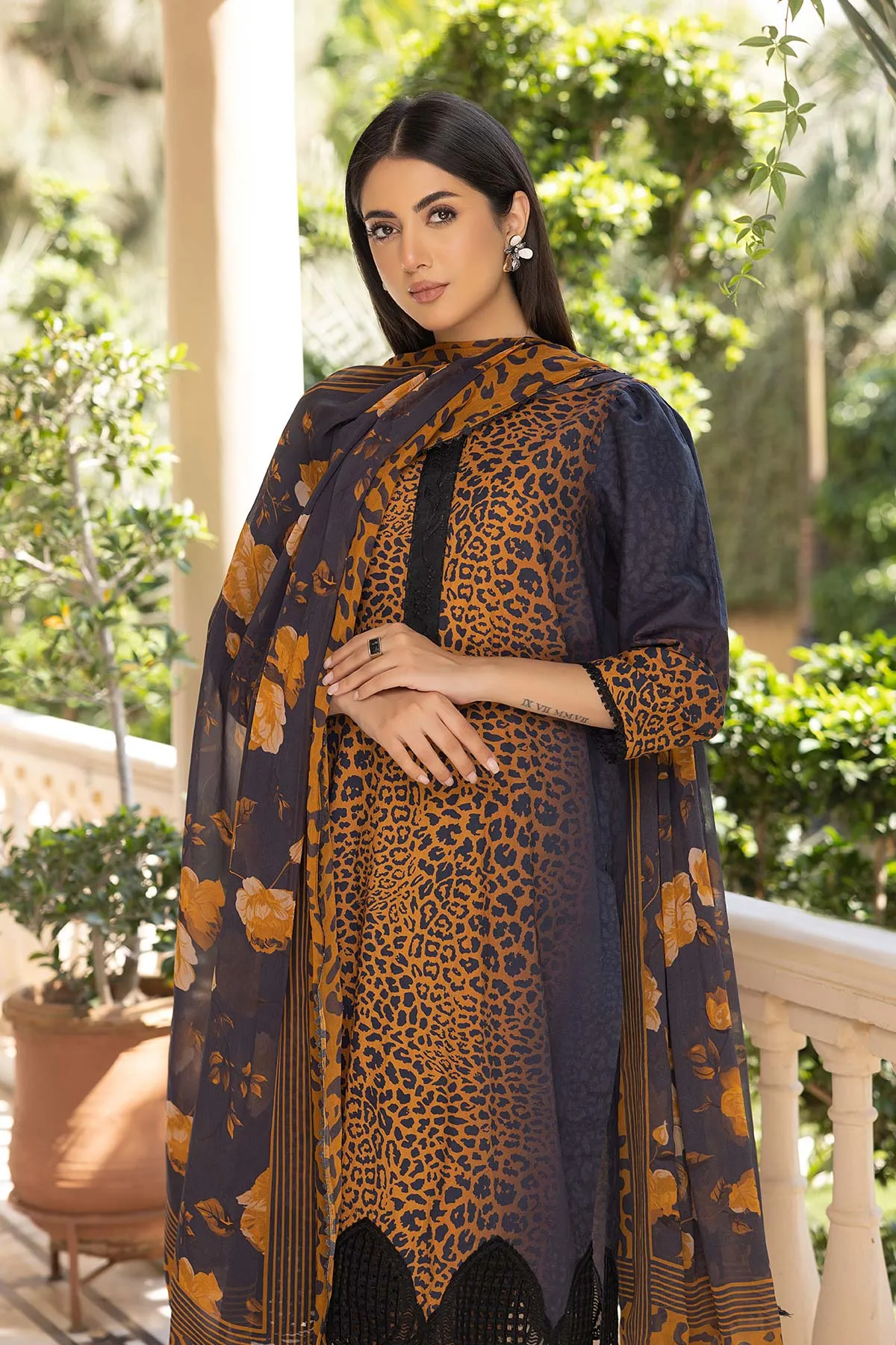 3-Pc Cheeta Printed Embroidered Shirt With Printed Trouser and Bamber Chiffon Dupatta FFP23-23