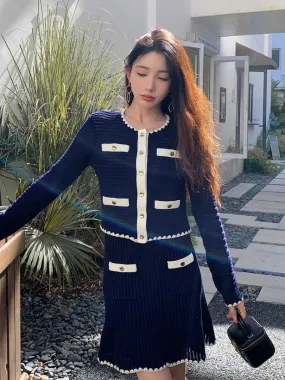 Age-reducing outfits: a complete set of navy blue knitted long-sleeved tops, sweaters and skirts, French style fashion suits