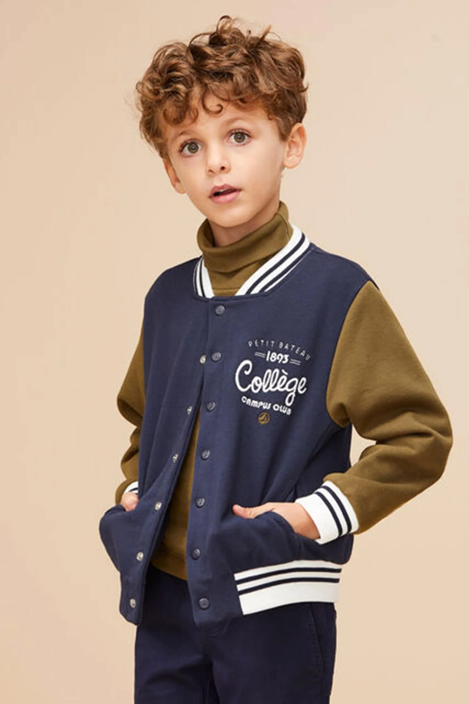 Boy's Navy Contrasting Sleeves Baseball Jacket