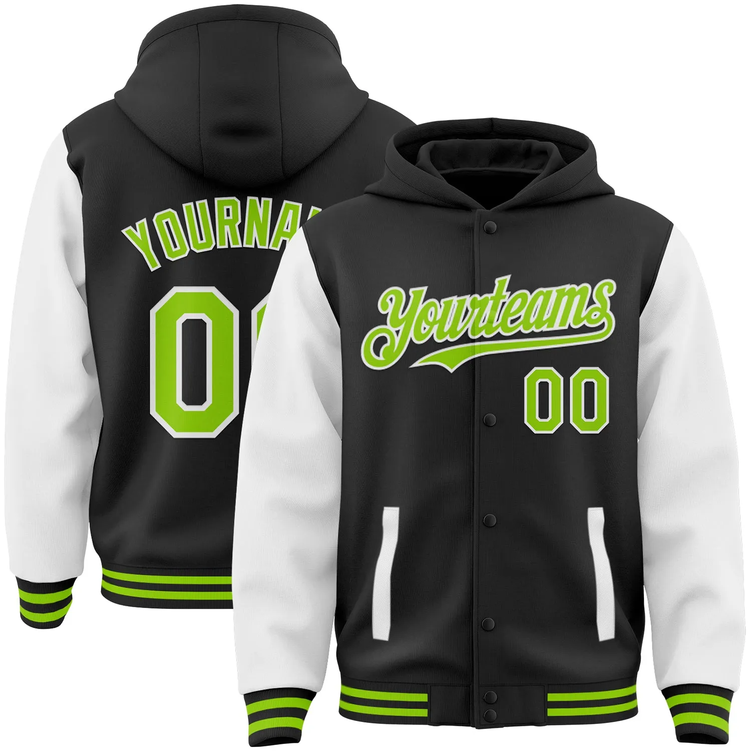 Custom Black Neon Green-White Bomber Full-Snap Varsity Letterman Two Tone Hoodie Jacket