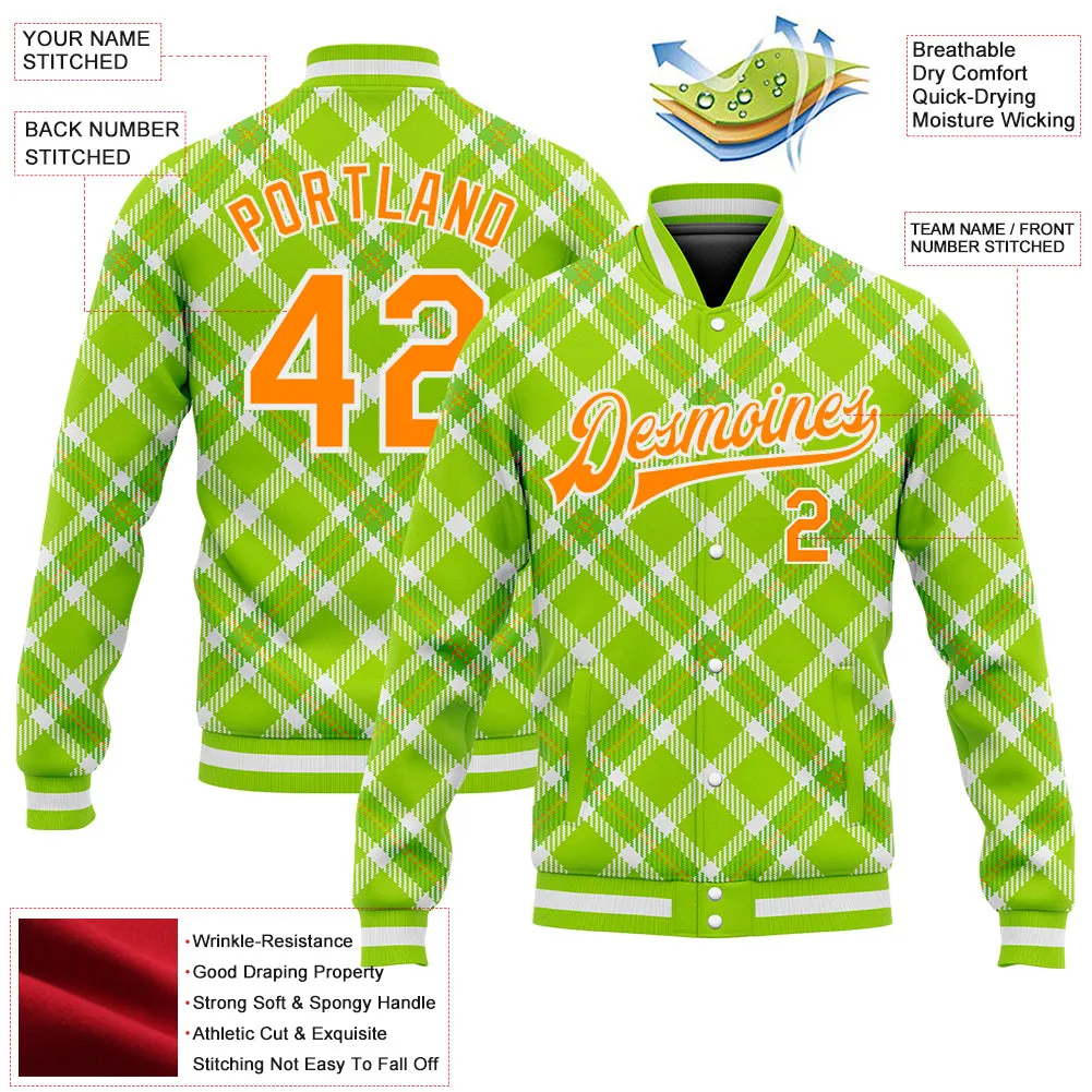 Custom Neon Green Bay Orange-White Check Board 3D Pattern Design Bomber Full-Snap Varsity Letterman Jacket