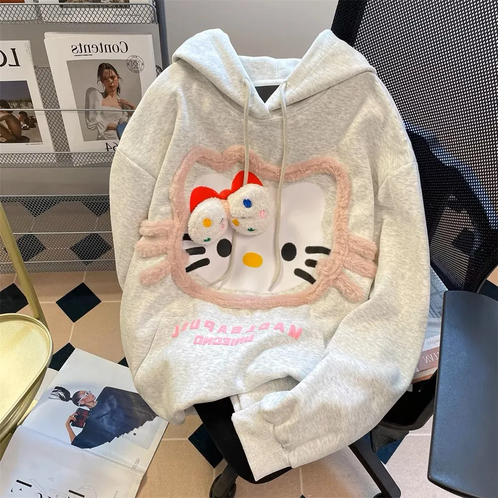 Cute and lovely three-dimensional plush Hello Kitty hooded sweatshirt for men and women in spring and autumn, sweet and unique, 