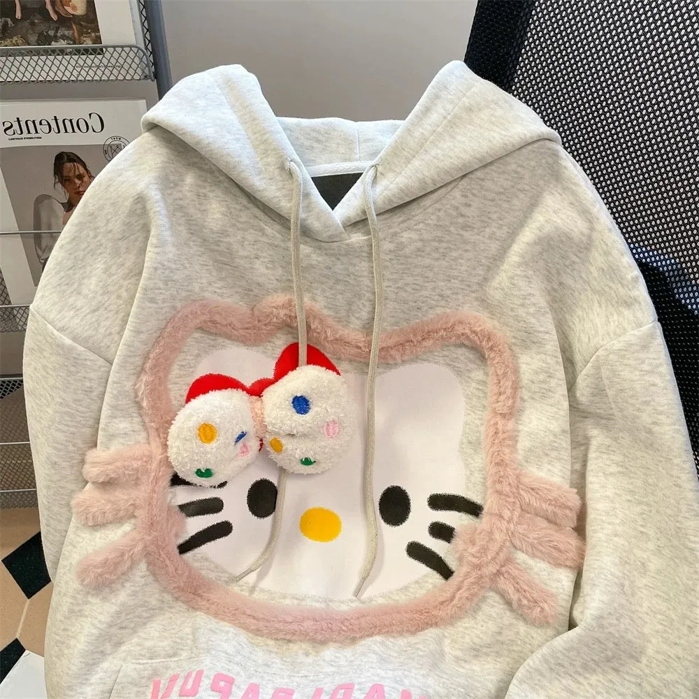 Cute and lovely three-dimensional plush Hello Kitty hooded sweatshirt for men and women in spring and autumn, sweet and unique, 