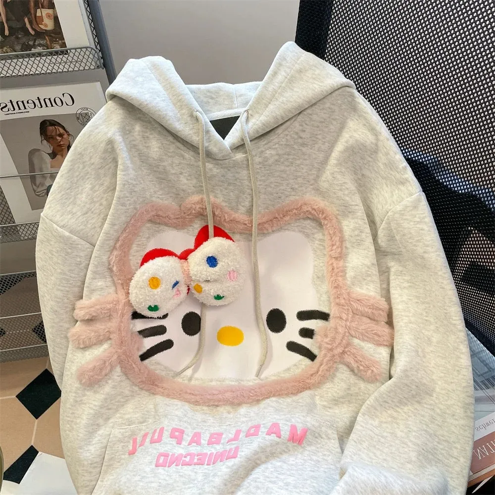 Cute and lovely three-dimensional plush Hello Kitty hooded sweatshirt for men and women in spring and autumn, sweet and unique, 