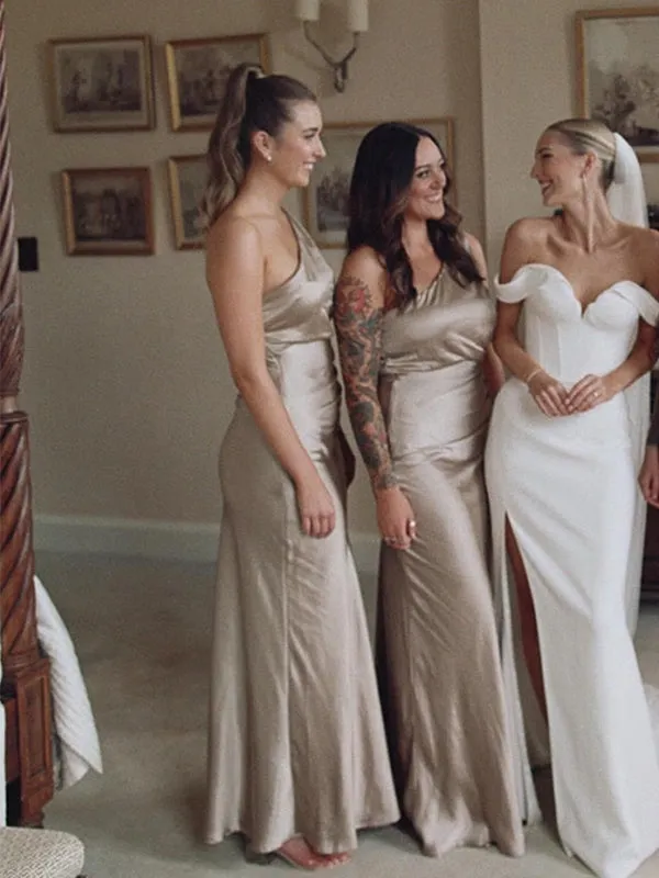 Elegant One Shoulder Mermaid Long Taupe Satin Bridesmaid Dresses Online, BG403