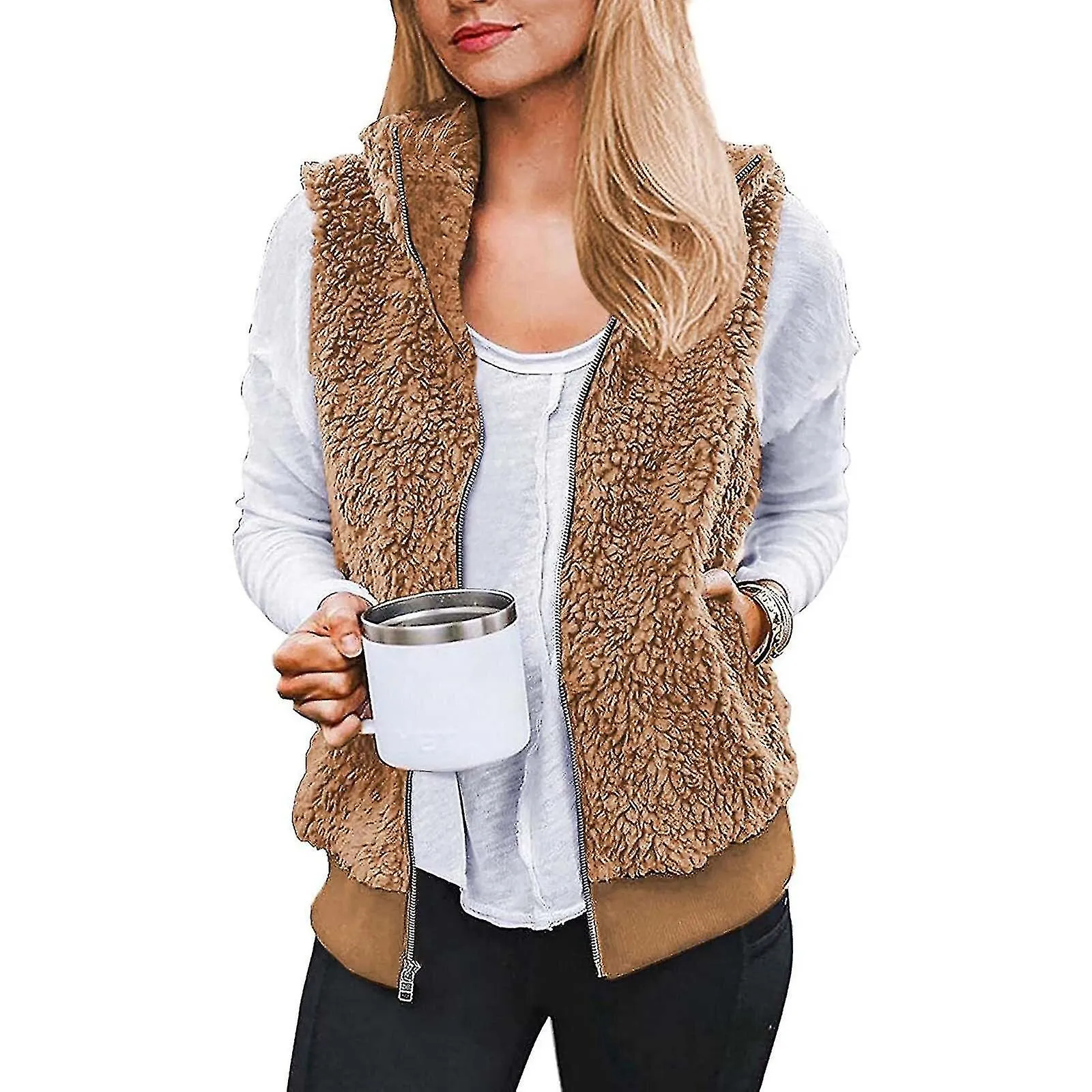 Fleece Outwear Vests Womens Zip Up Sleeveless Faux-fur Furry Fall Warm Coat With Two Pockets Artificial Wool Vest Coat