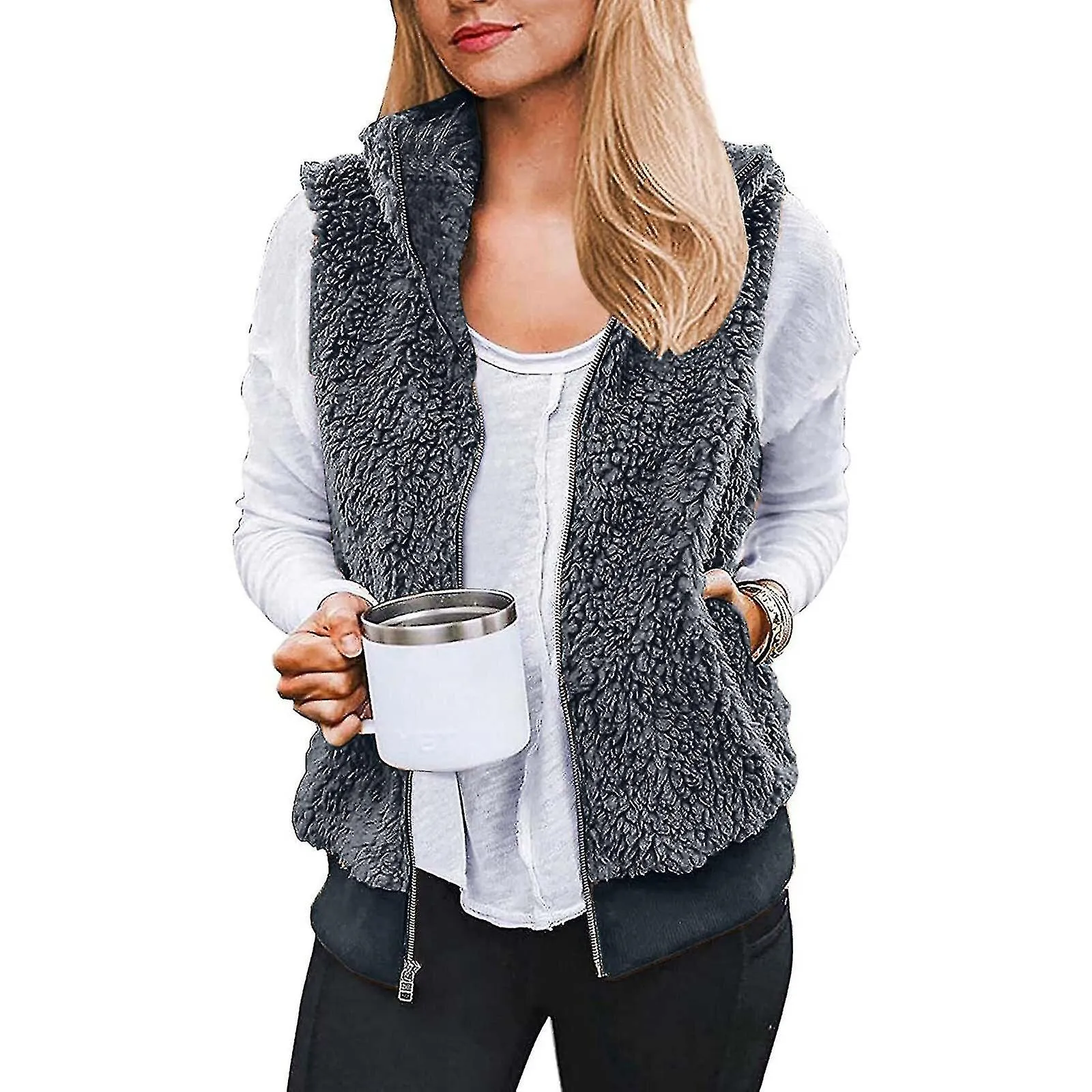 Fleece Outwear Vests Womens Zip Up Sleeveless Faux-fur Furry Fall Warm Coat With Two Pockets Artificial Wool Vest Coat