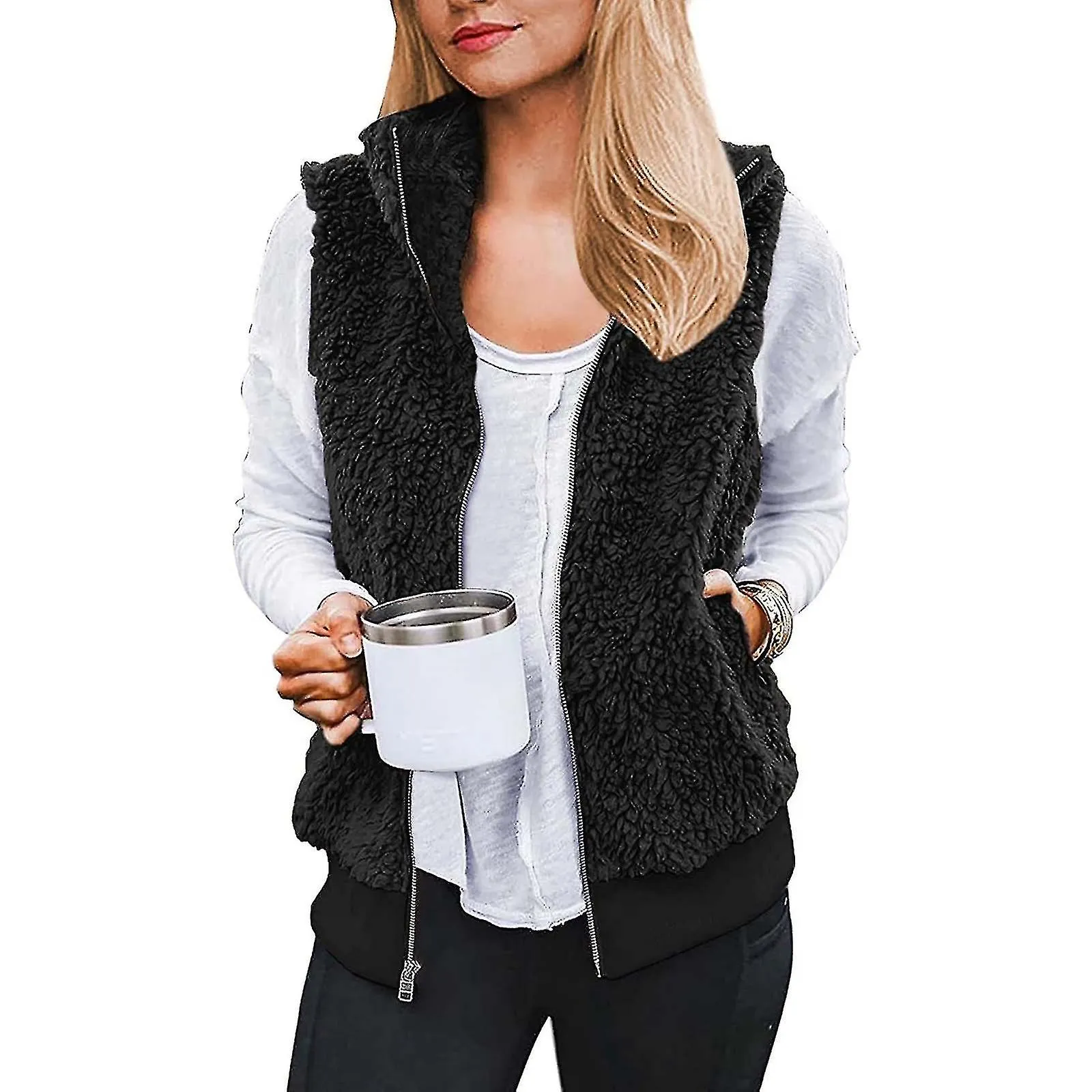 Fleece Outwear Vests Womens Zip Up Sleeveless Faux-fur Furry Fall Warm Coat With Two Pockets Artificial Wool Vest Coat