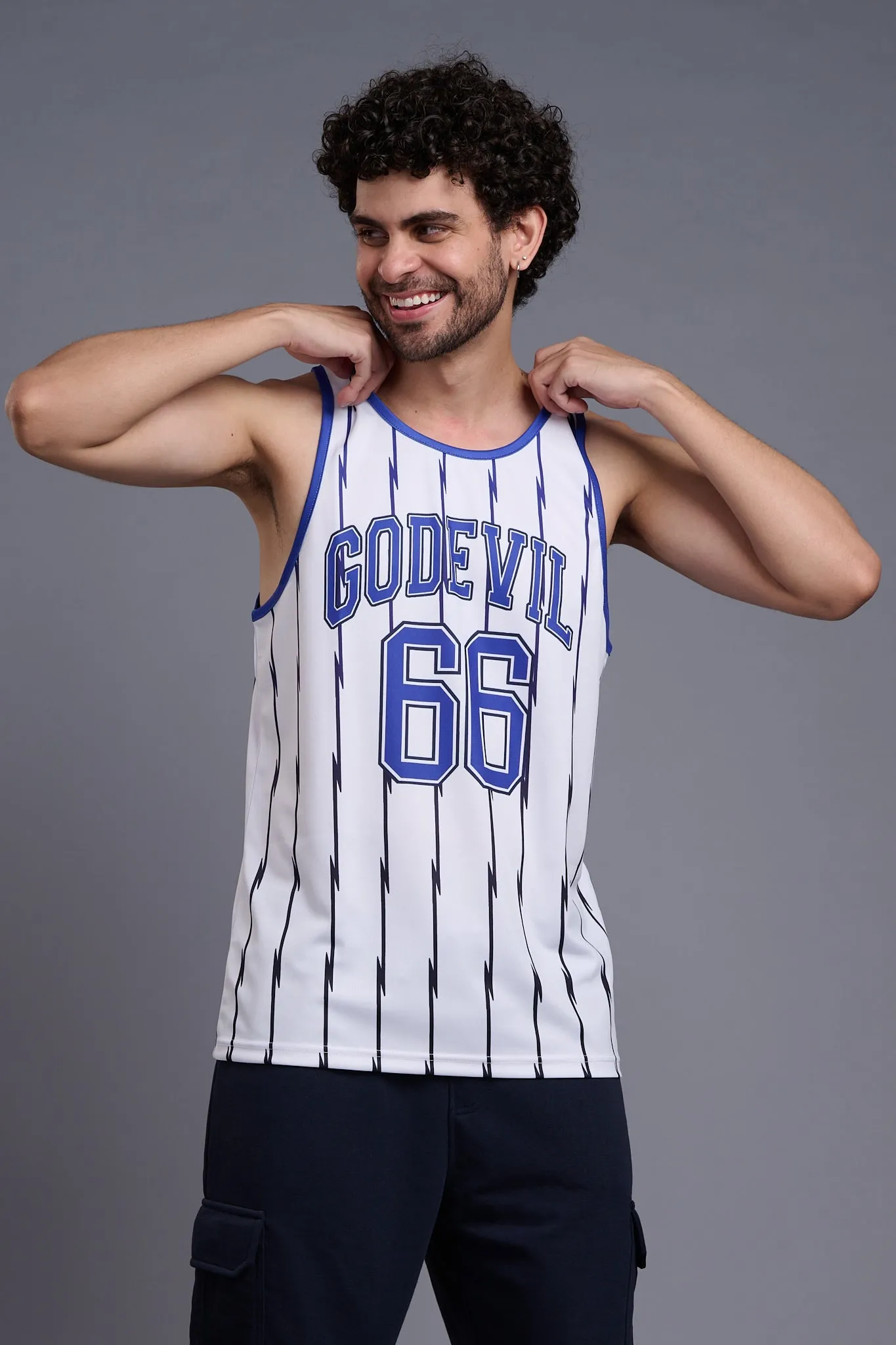 Go Devil 66 (In Royal Blue) Printed Stripes Royal Blue & White Vests for Men