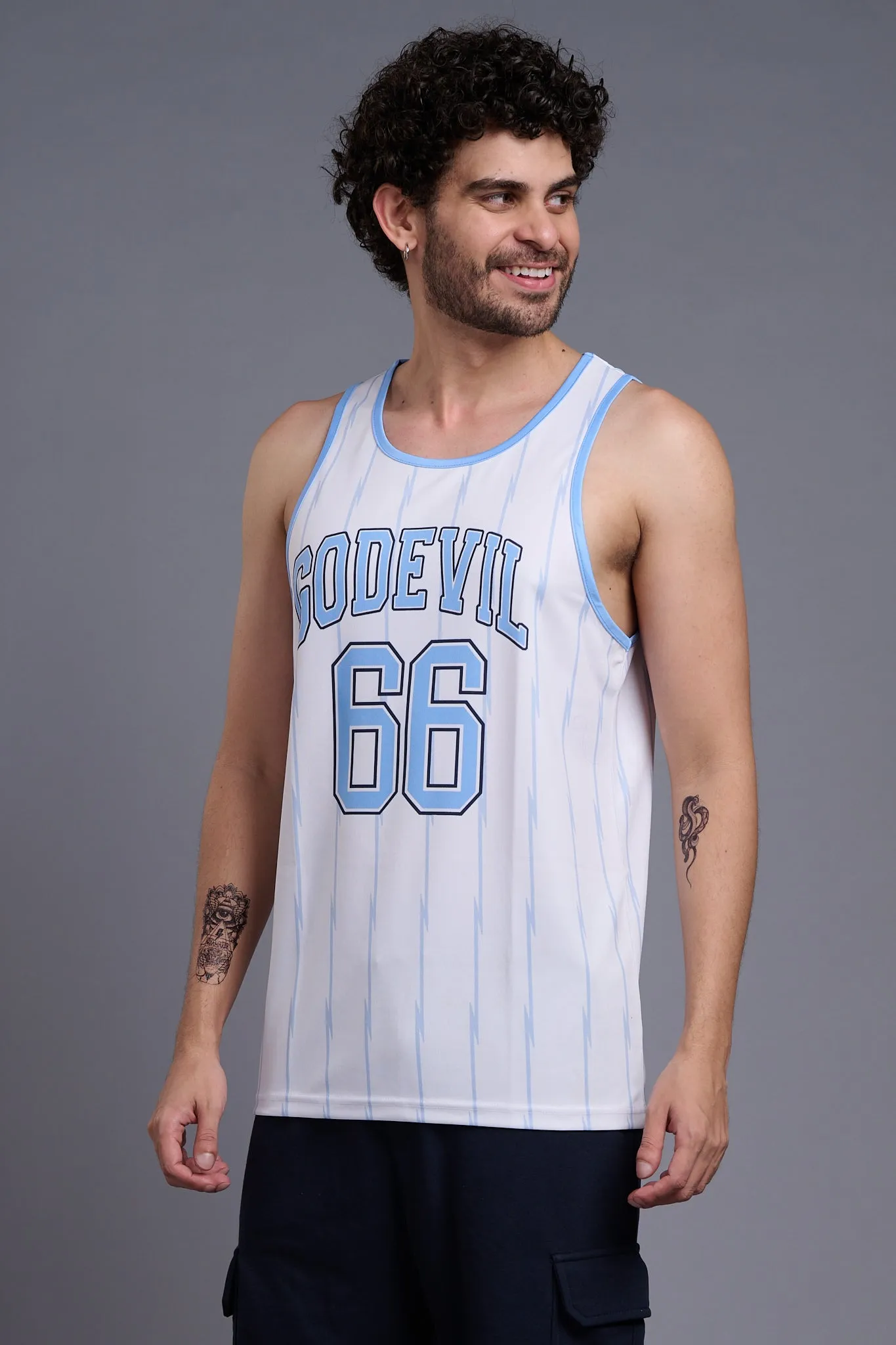 Go Devil 66 (In Sky Blue) Printed Stripes Sky Blue & White Vests for Men