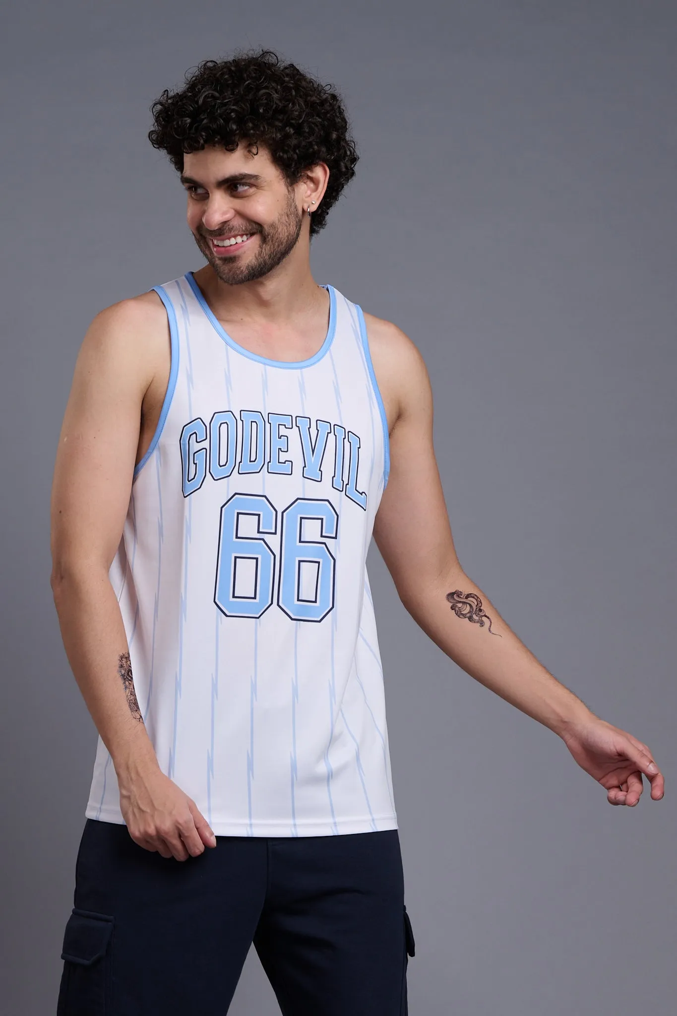 Go Devil 66 (In Sky Blue) Printed Stripes Sky Blue & White Vests for Men