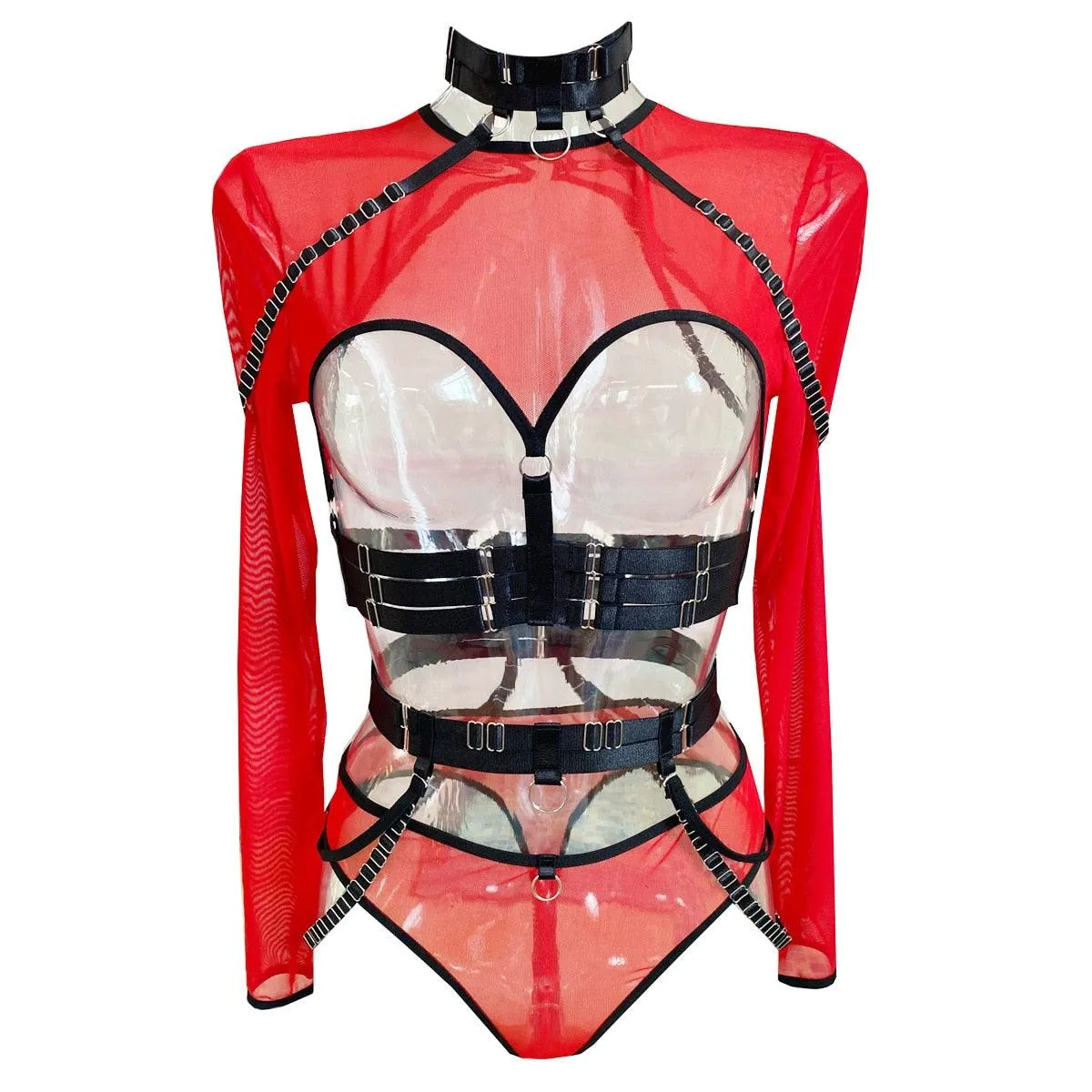 Gothic Sexy Lingerie Set 4 Piece Long Sleeve Mesh Transparent