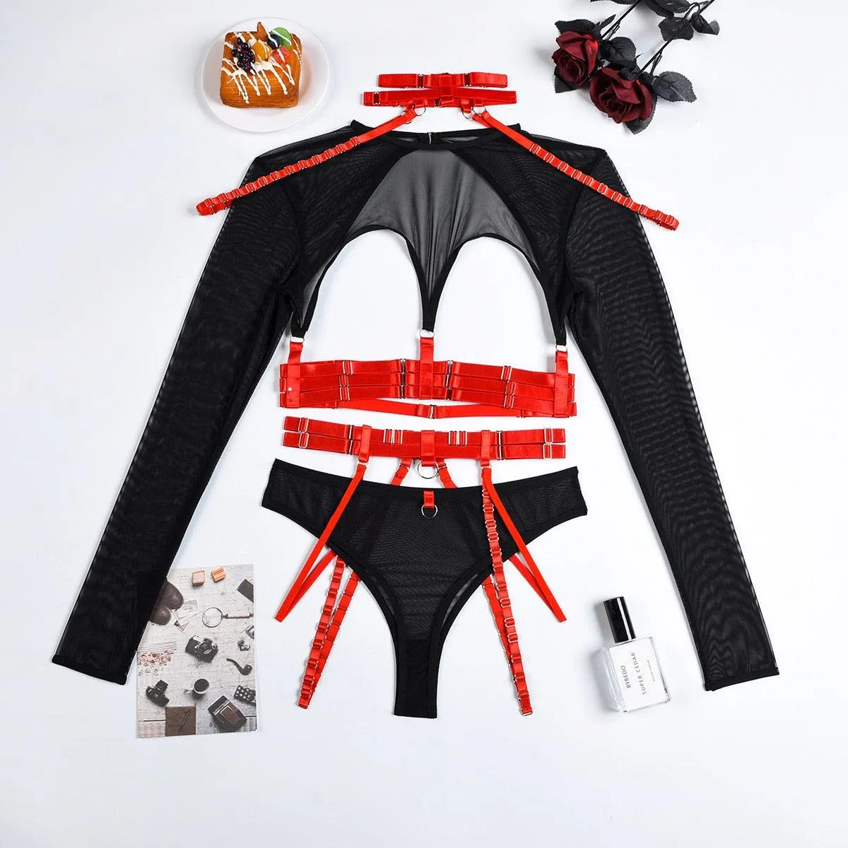 Gothic Sexy Lingerie Set 4 Piece Long Sleeve Mesh Transparent