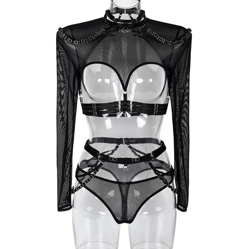 Gothic Sexy Lingerie Set 4 Piece Long Sleeve Mesh Transparent