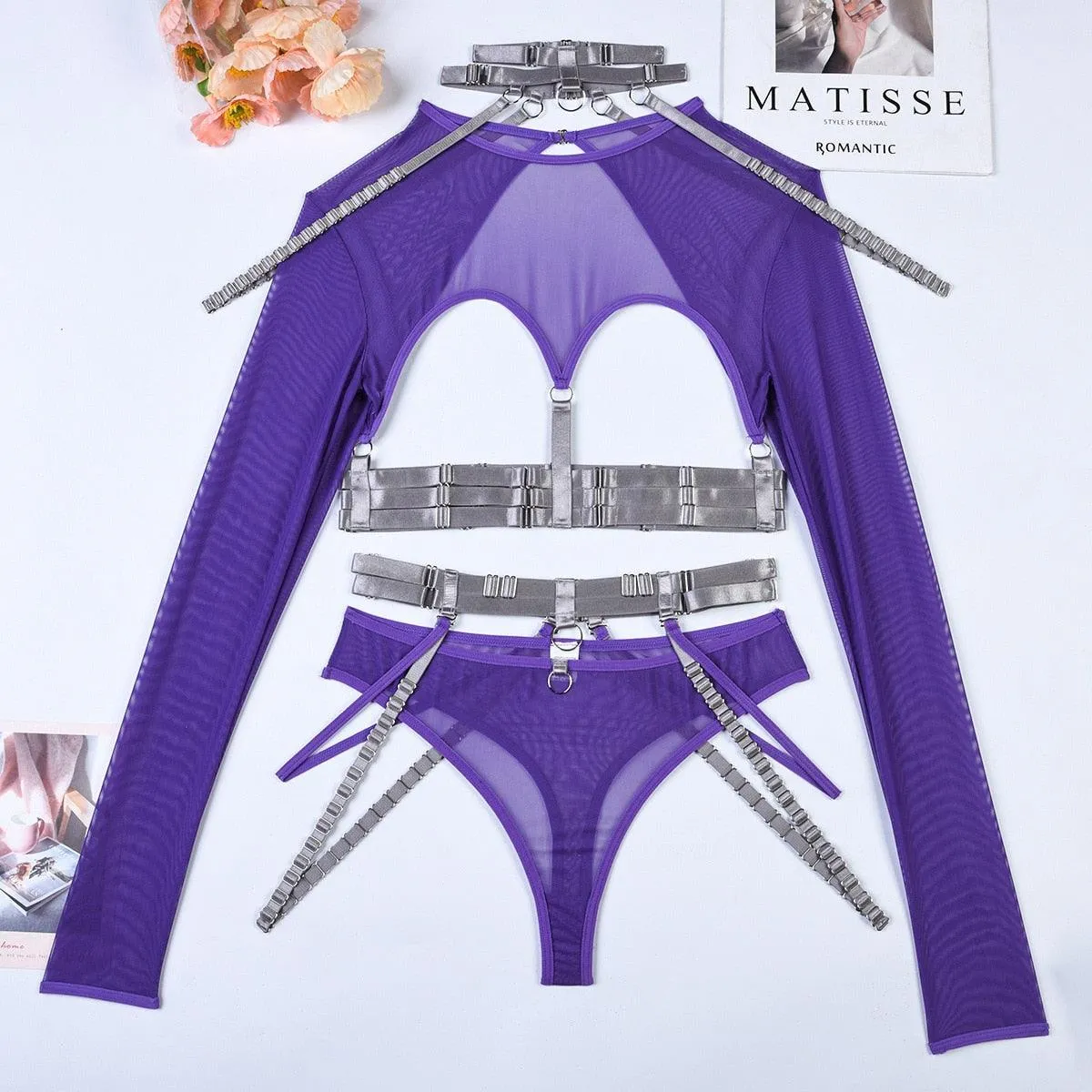 Gothic Sexy Lingerie Set 4 Piece Long Sleeve Mesh Transparent