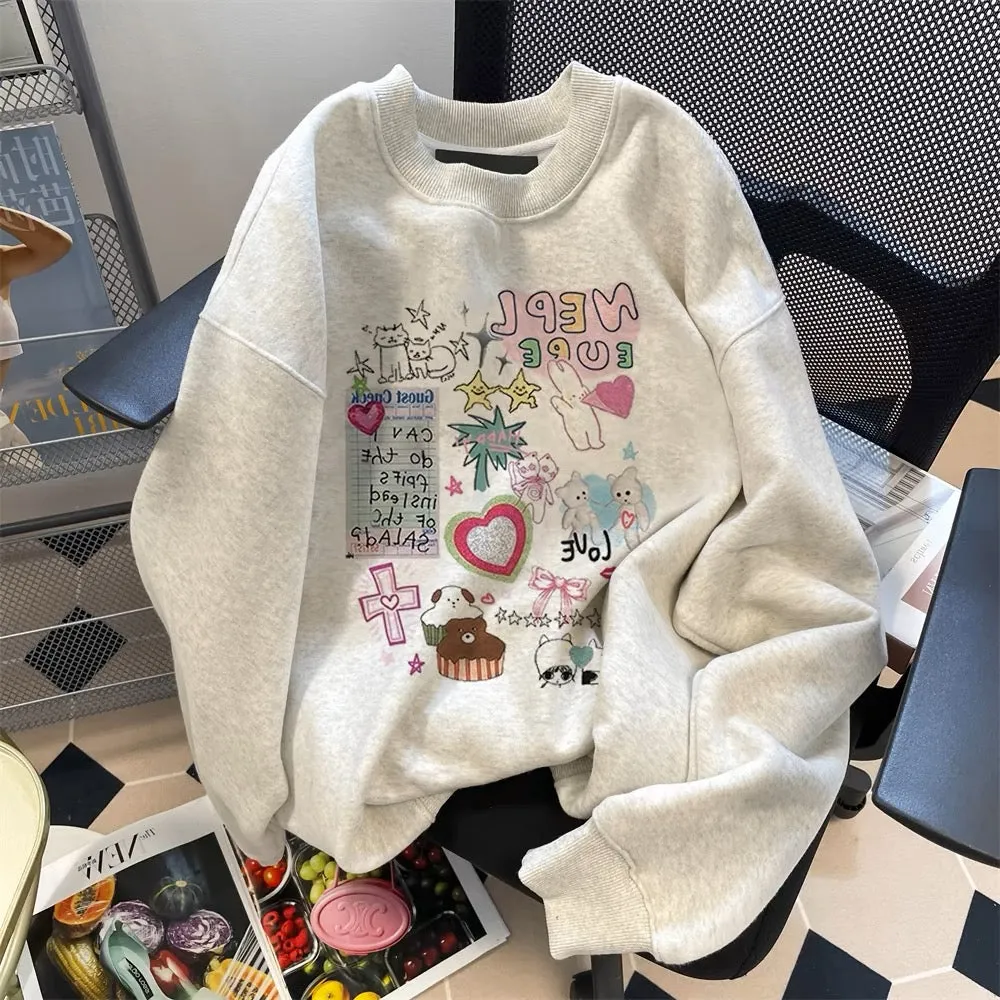 Korean lazy college style cute graffiti cartoon sweatshirt for men and women in spring and autumn, super good-looking, unique an