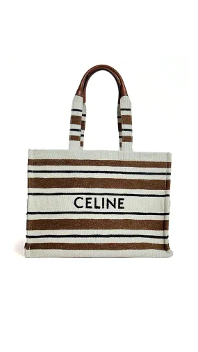 Large Cabas Thais in Stripe Textile Triomphe Print and Calfskin - White/Brown/Black