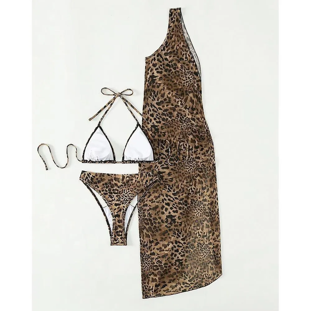 Leopard Bikini, One-shoulder Long Yarn, Three-piece Swimming Suit, Strapping Neck Underwear, Hollow Underwear (L)