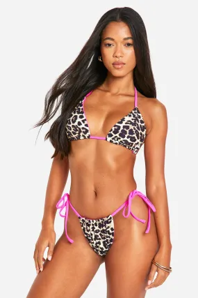 Leopard Contrast Ties Triangle Bikini Set