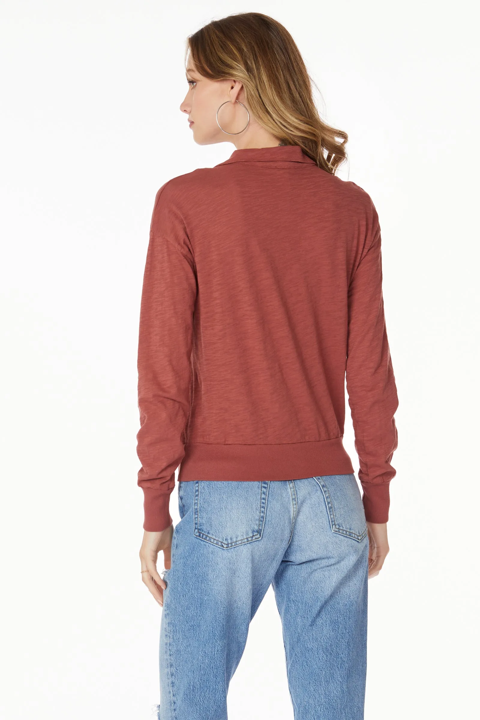 Long Sleeve Rib Hem Tee with Collar