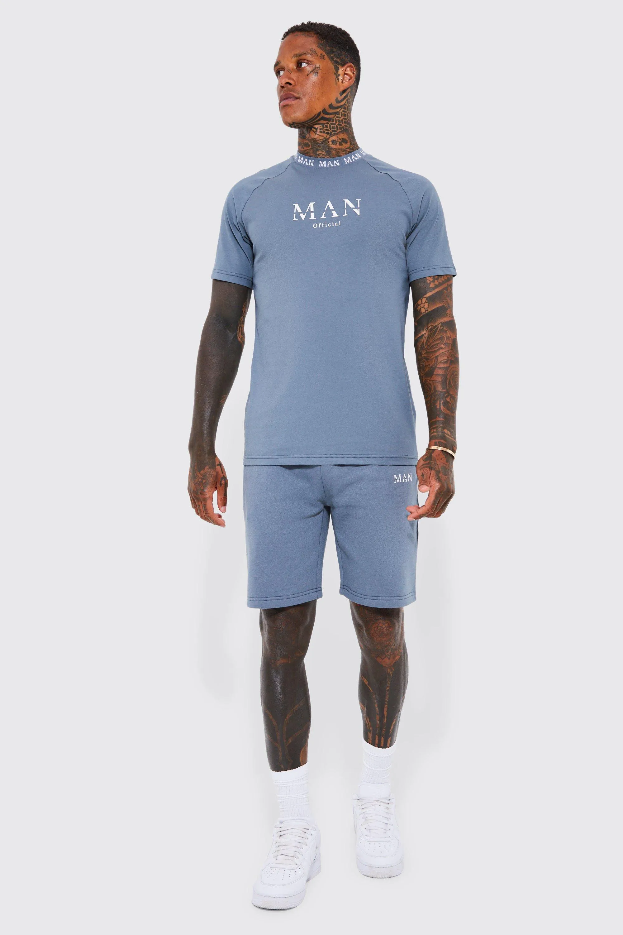 Man Roman Neck Rib Slim Tshirt And Shorts Set