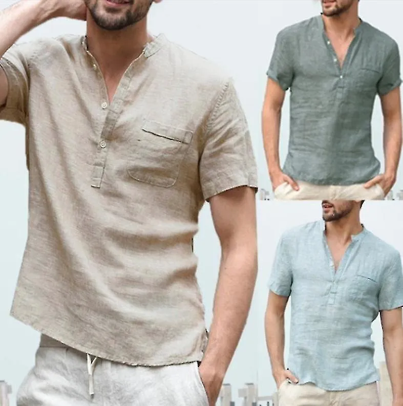 Men's Cotton Linen Shirts Short Sleeves Casual Summer Beach T Shirts Hippie Shirts