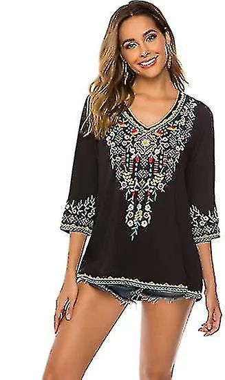 Mujeres Bordados Boho Camisa 3/4 Manga Mexican Bohemian Tops Túnica Blusa