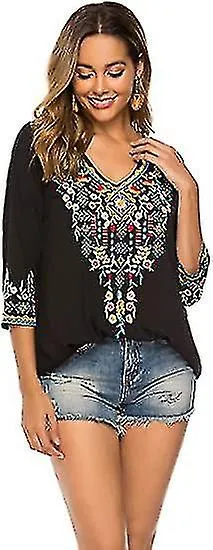 Mujeres Bordados Boho Camisa 3/4 Manga Mexican Bohemian Tops Túnica Blusa