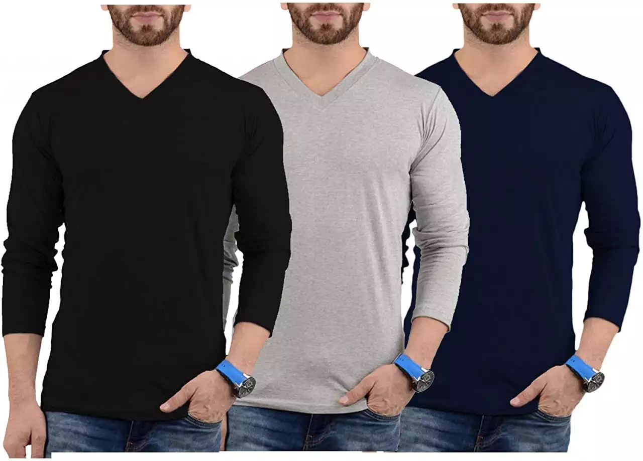 Plain V Neck Long Sleeve T Shirts for Men (Pack of 3)