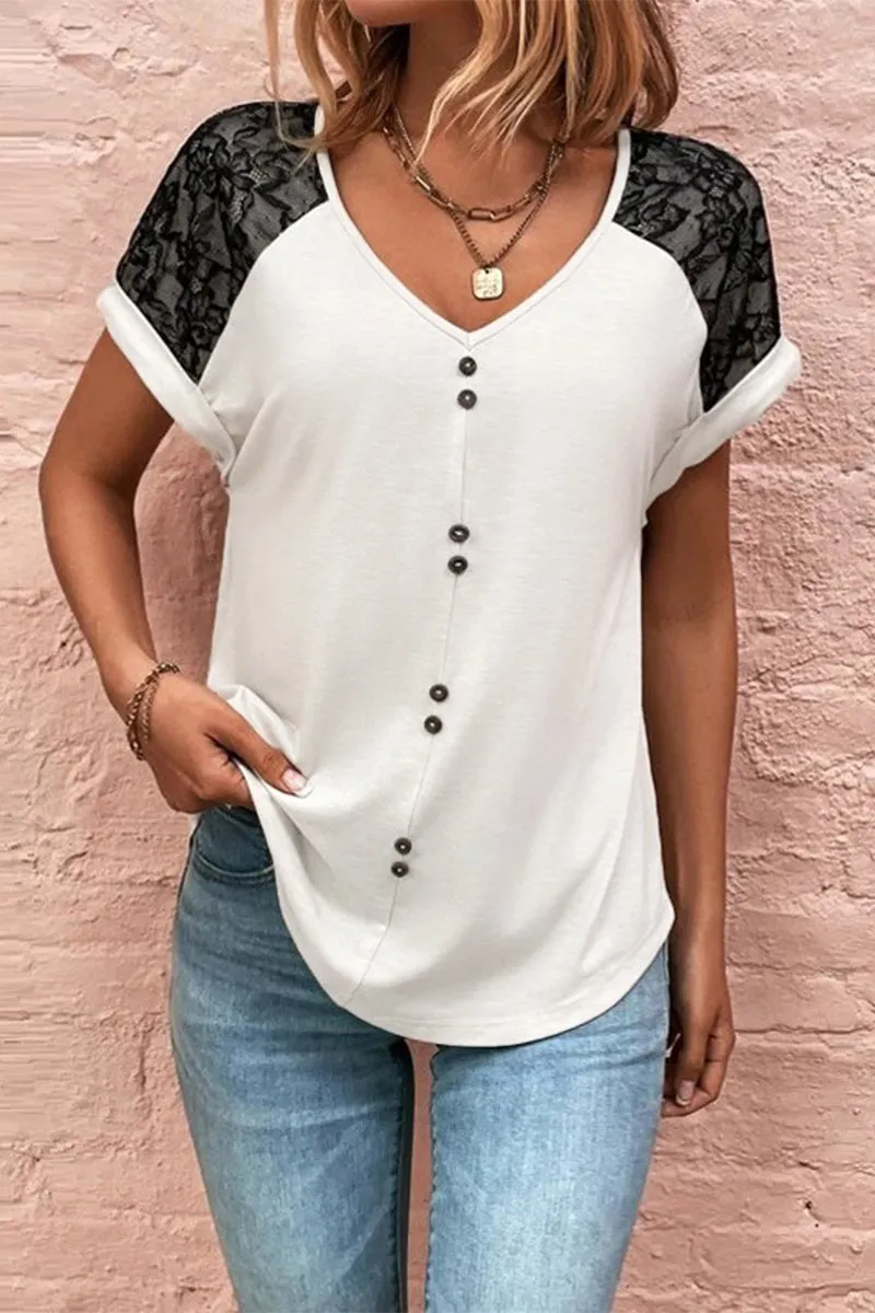 Print Lace Buttons V Neck T-Shirts(5 Colors)