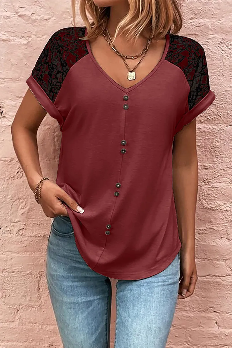 Print Lace Buttons V Neck T-Shirts(5 Colors)