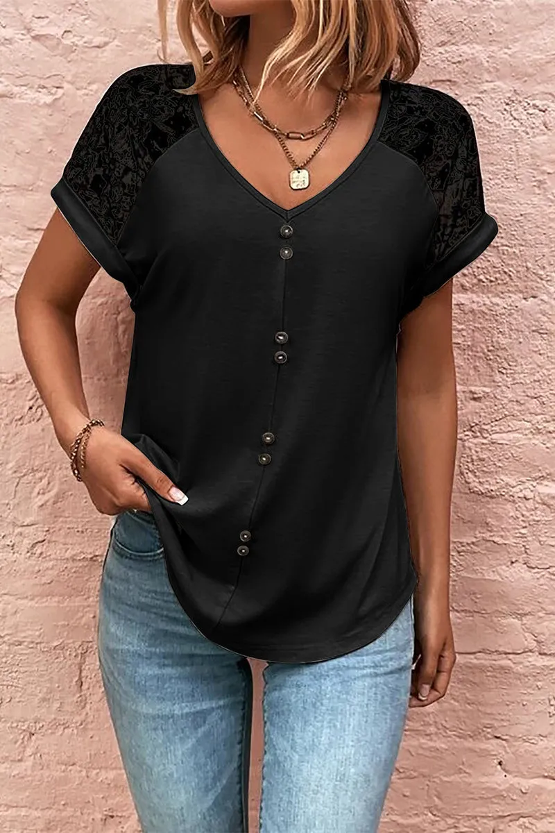 Print Lace Buttons V Neck T-Shirts(5 Colors)