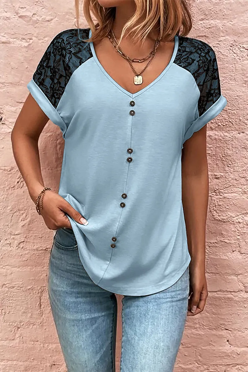 Print Lace Buttons V Neck T-Shirts(5 Colors)