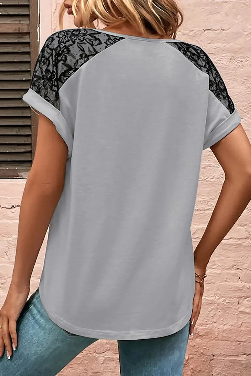 Print Lace Buttons V Neck T-Shirts(5 Colors)