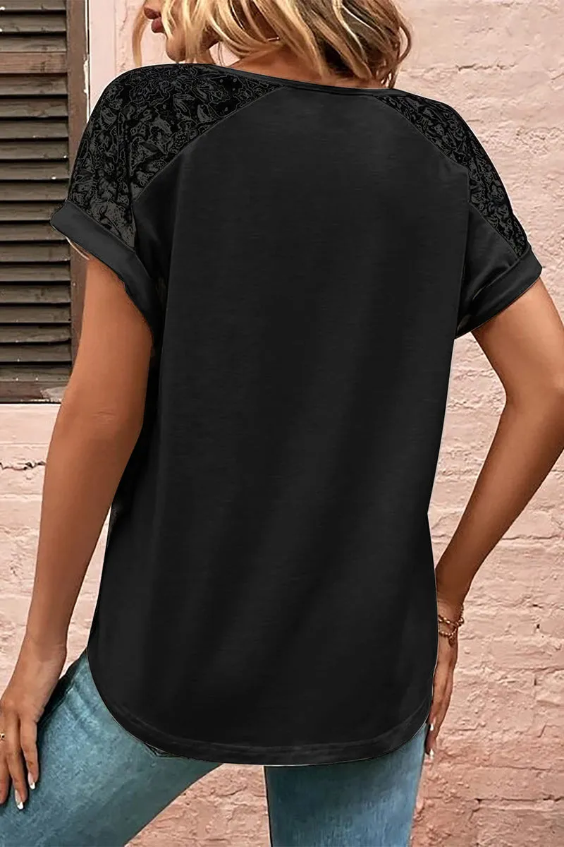 Print Lace Buttons V Neck T-Shirts(5 Colors)