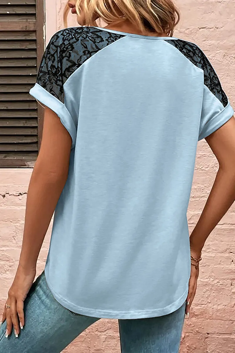 Print Lace Buttons V Neck T-Shirts(5 Colors)