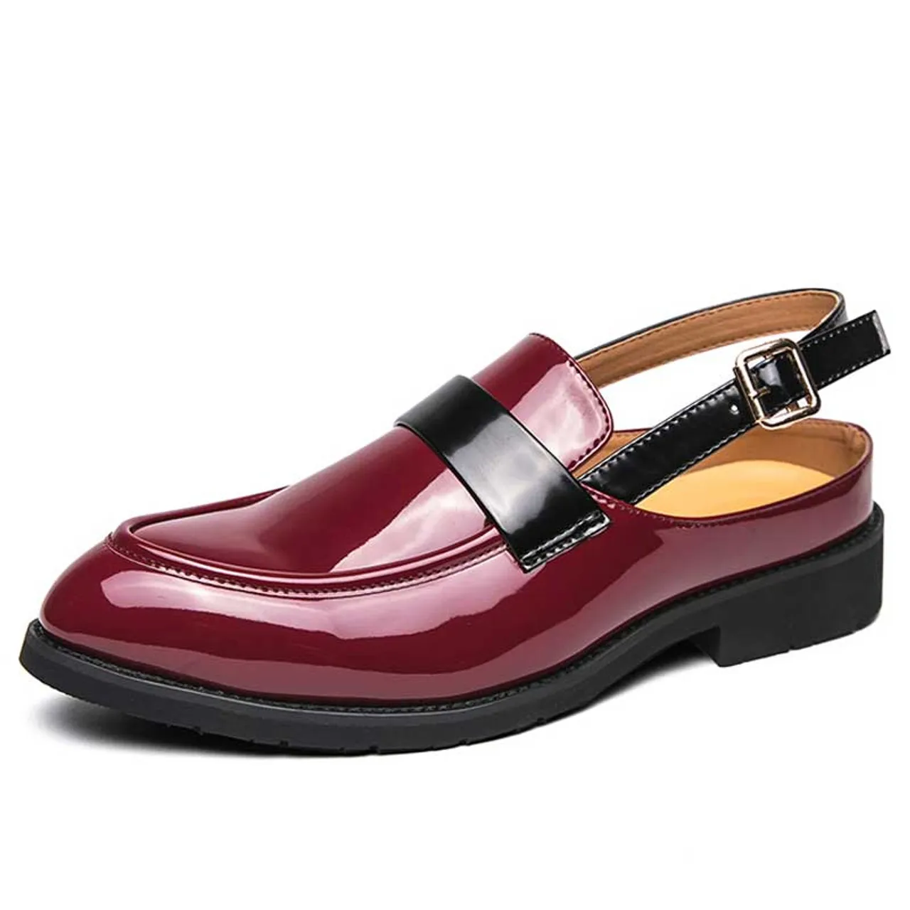 Red back buckle strap penny slip on shoe mule