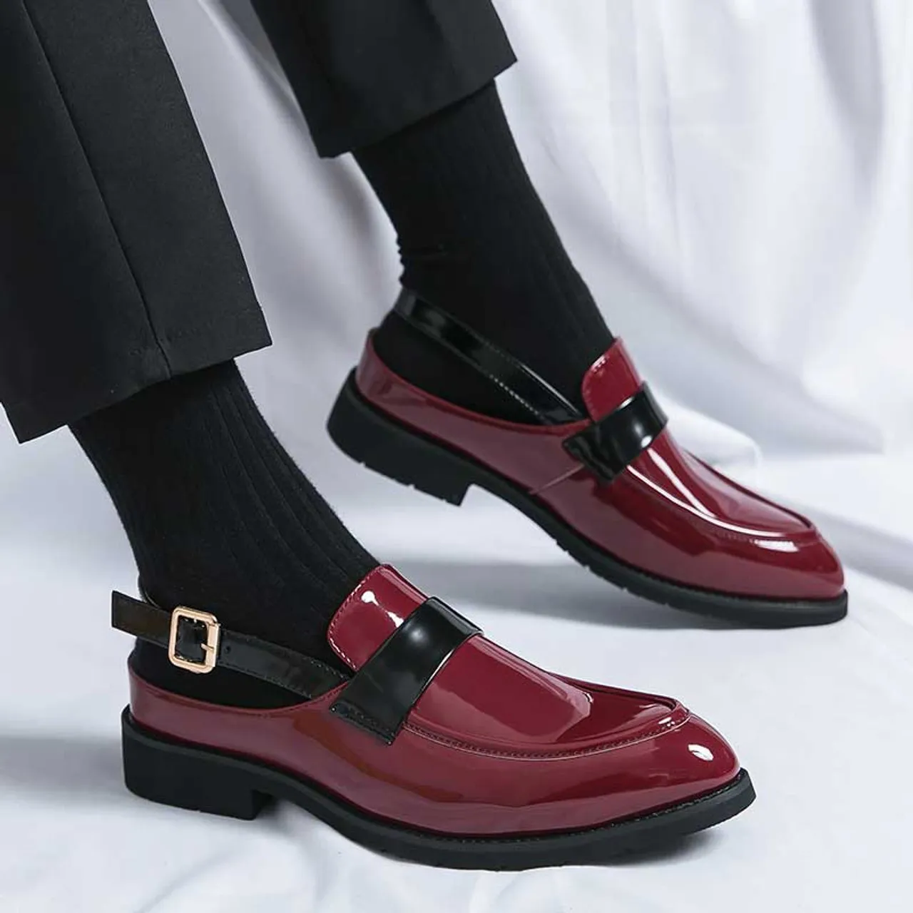 Red back buckle strap penny slip on shoe mule