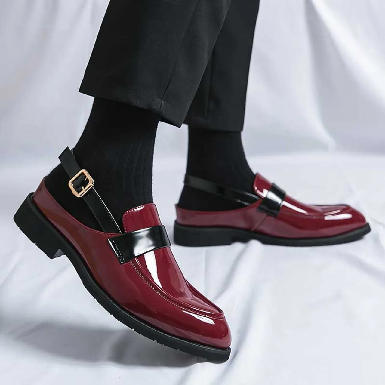 Red back buckle strap penny slip on shoe mule