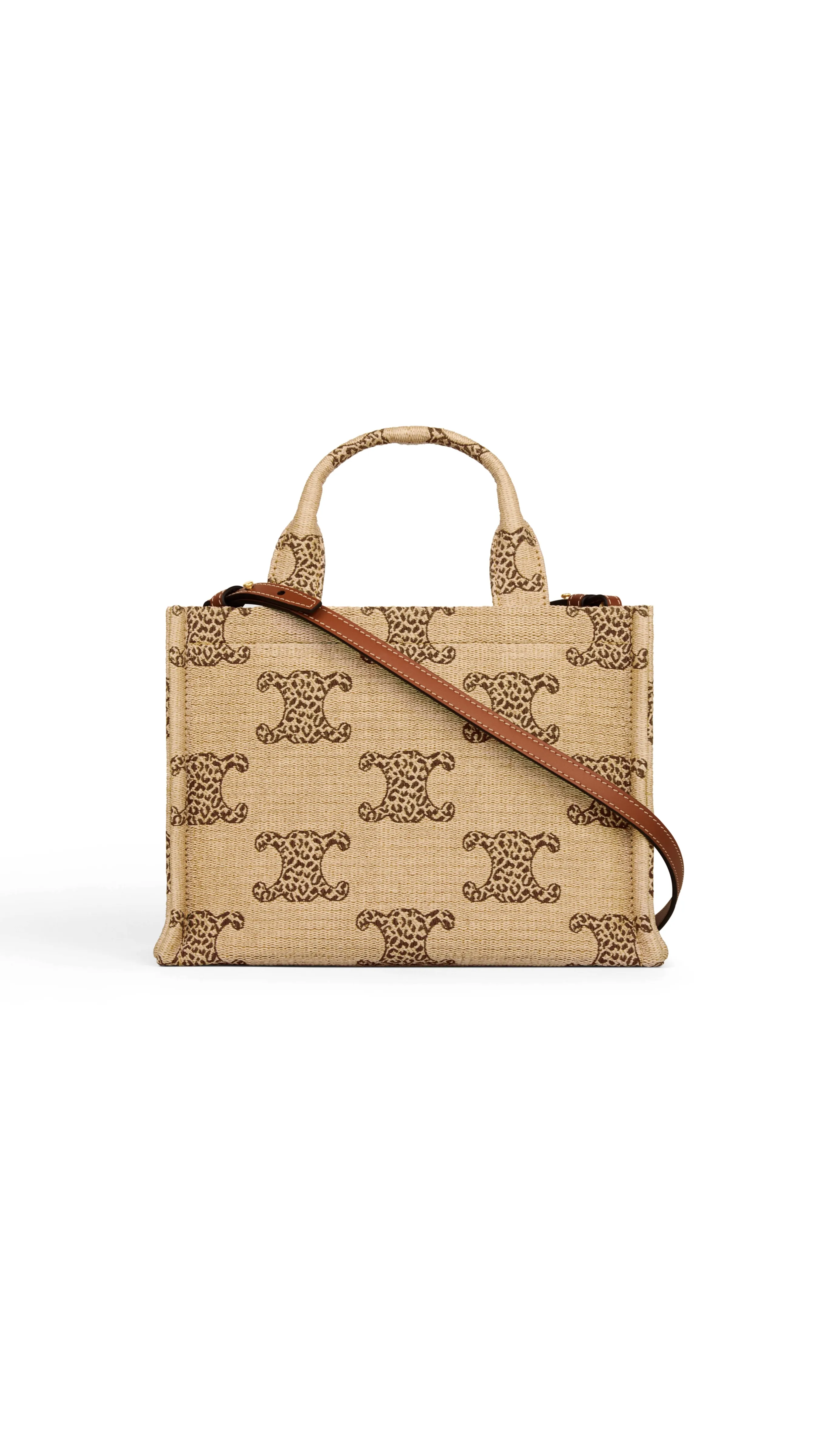 Small Cabas Thais in Raffia Effect Textile with Leopard Triomphe - Natural/Tan