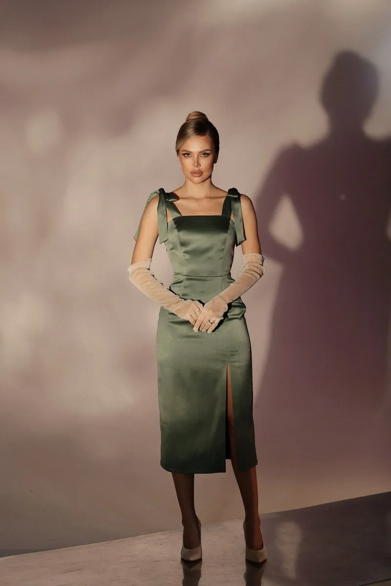 Viclans Satin Green Dress with Ties at the Shoulders