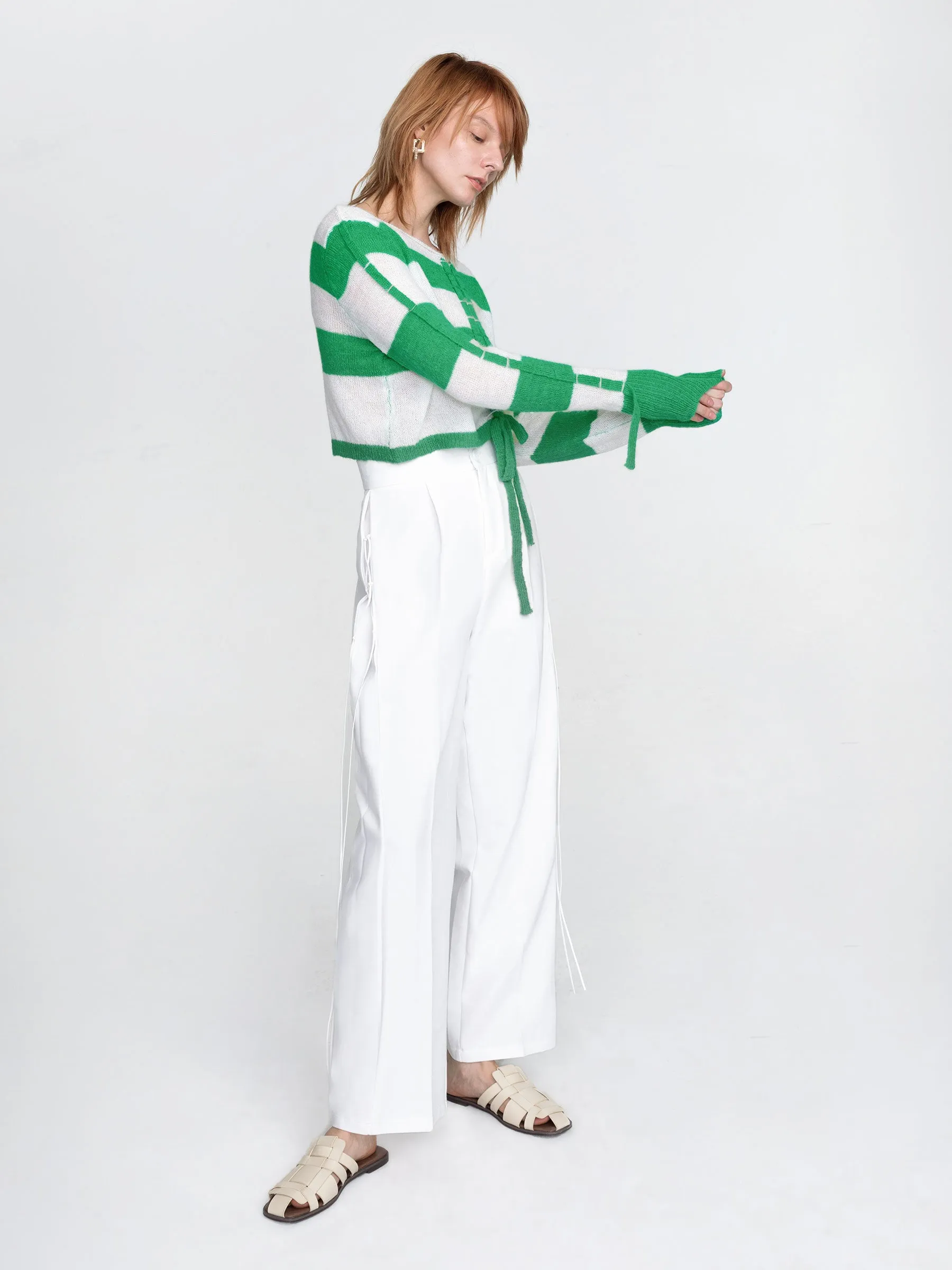 Wide Leg Tailored Trousers with Loose Ties