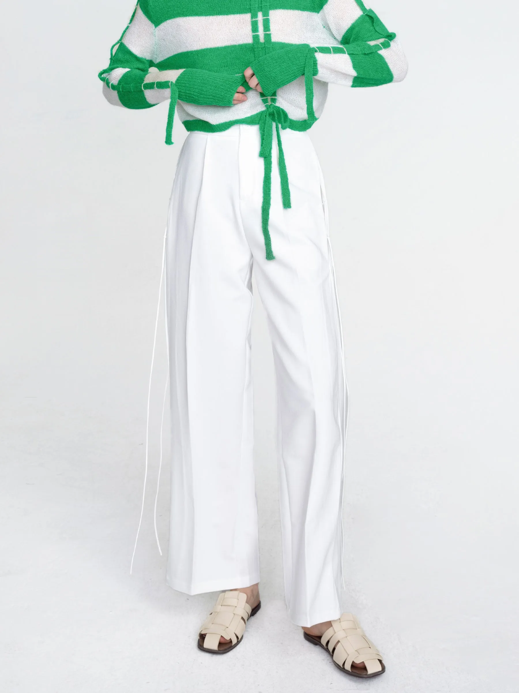 Wide Leg Tailored Trousers with Loose Ties