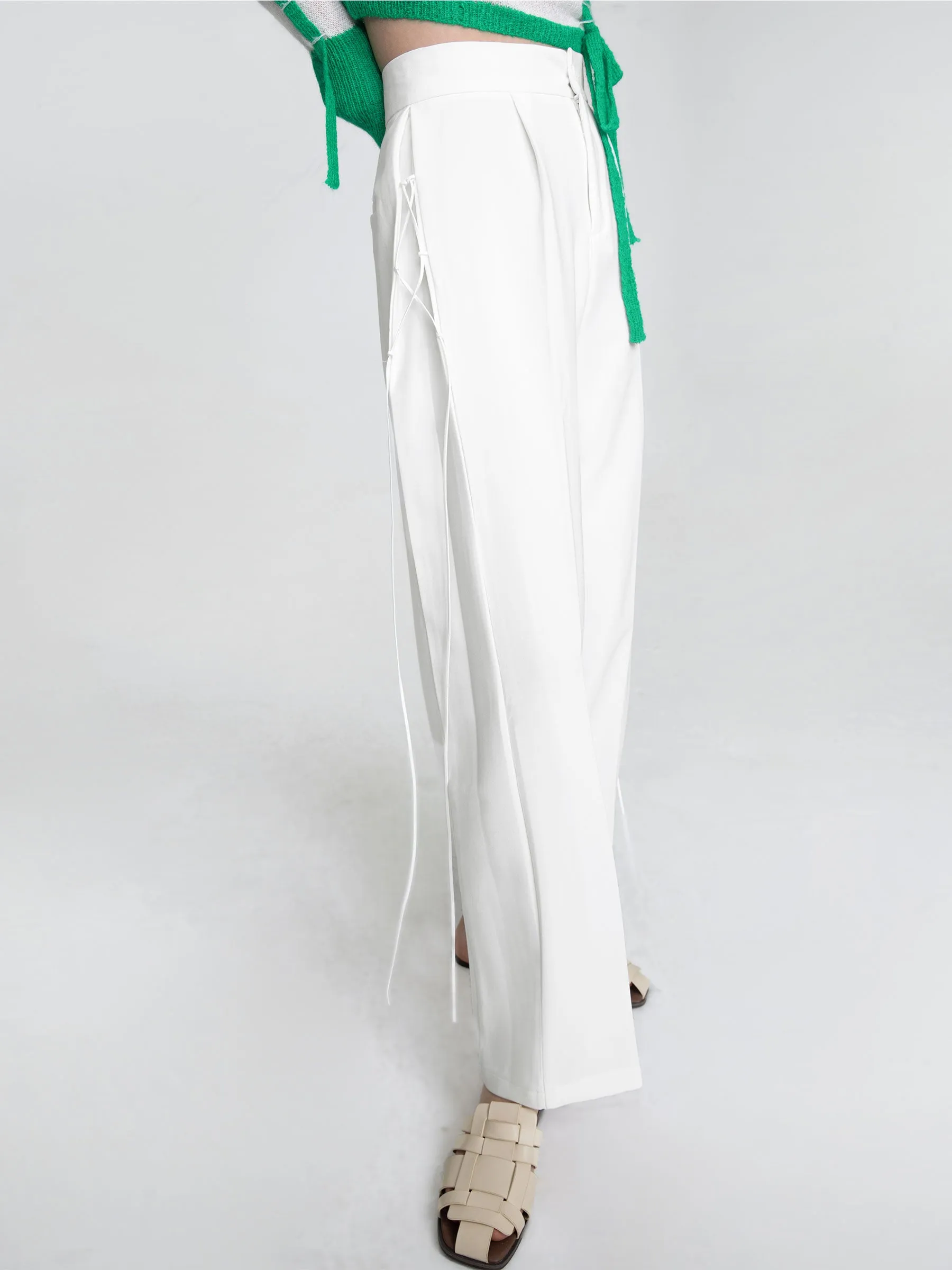 Wide Leg Tailored Trousers with Loose Ties