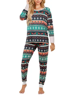 Womens Christmas Print Pajamas Tracksuit Lounge Sets Casual Top Trouser Homewear