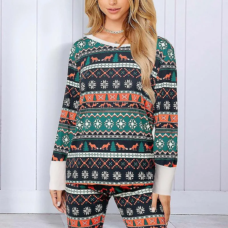 Womens Christmas Print Pajamas Tracksuit Lounge Sets Casual Top Trouser Homewear