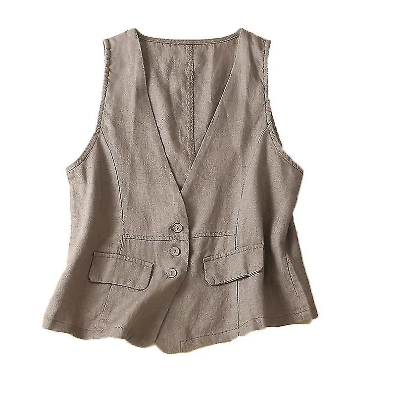 Womens Cotton Linen Vest Casual Loose V Neck Sleeveless Vests