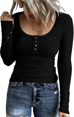 Womens Sleeve Henley T Shirts Button Down Fit Tops Scoop Neck Ribbed Knit Shirts